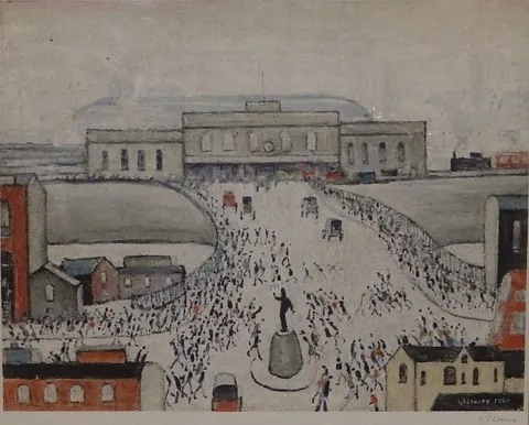 signed limited edition colour print by L.S. Lowry entitled 'Station Approach'