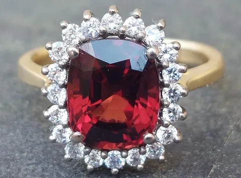 Certified 3.3 carat Burmese red spinel and diamond cluster ring