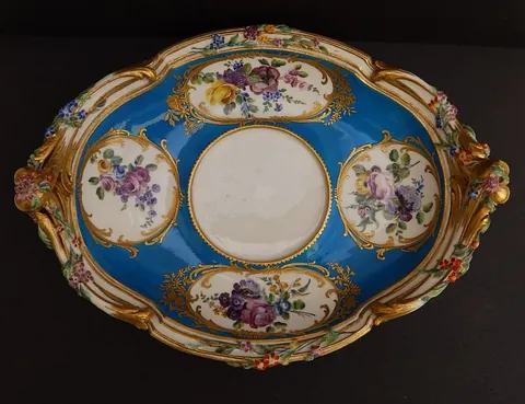 18th century Vincennes porcelain oval dish, pre-dated the royal factory's move to Sevres, bearing code marks for 1754