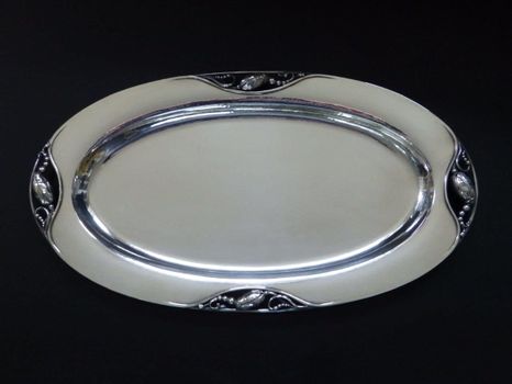 19" Georg Jensen oval silver tray in the 'Blossom' pattern, selling at an above estimate £3,900 to a bidder in the room