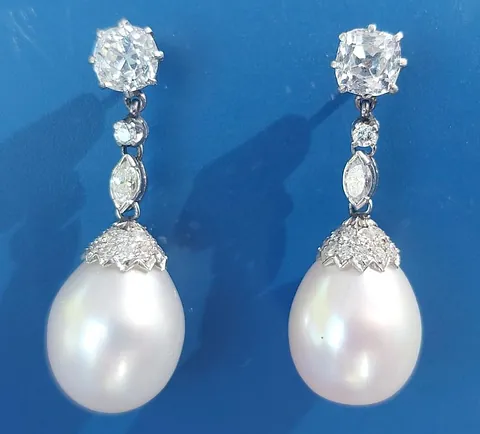 Pair of pearl and diamond drop earrings come in their S.J. Phillips box