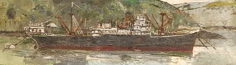 Fred Yates - oil on board - SS Antonio de Satrustegui at Fowey, 18" x 61"