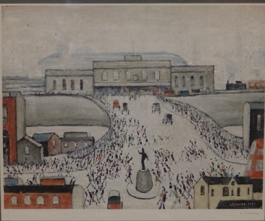 A signed limited edition colour print by L.S. Lowry entitled 'Station Approach'